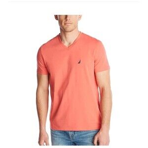 Nautica Men’s V-Neck T-Shirt XL Slim Fit Coral Short Sleeve Tee Casual Cotton